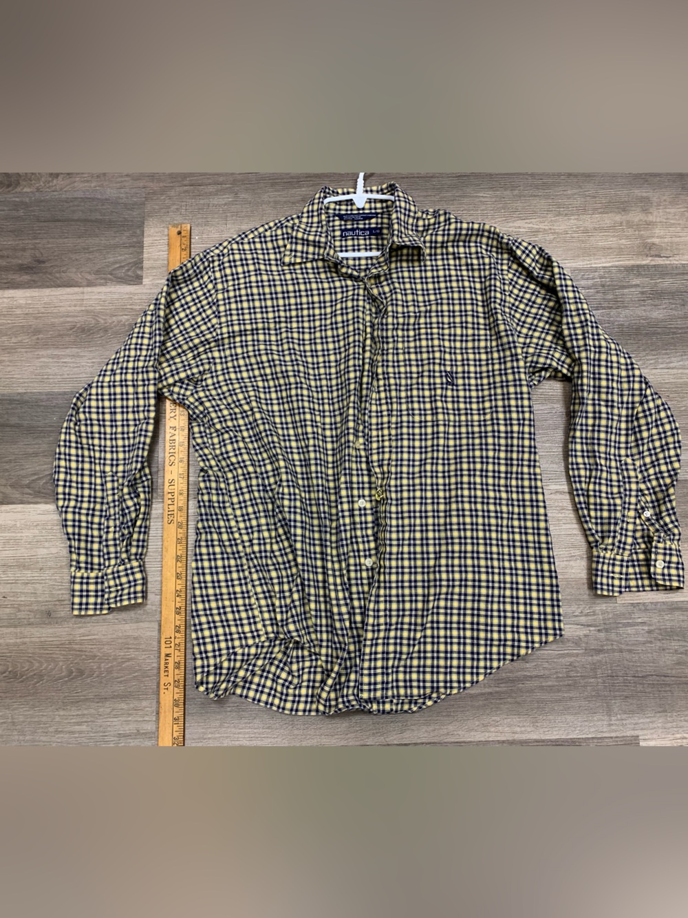 Vintage Nautica Men’s Yellow and Navy Plaid Long-Sleeve Button-Down Shirt